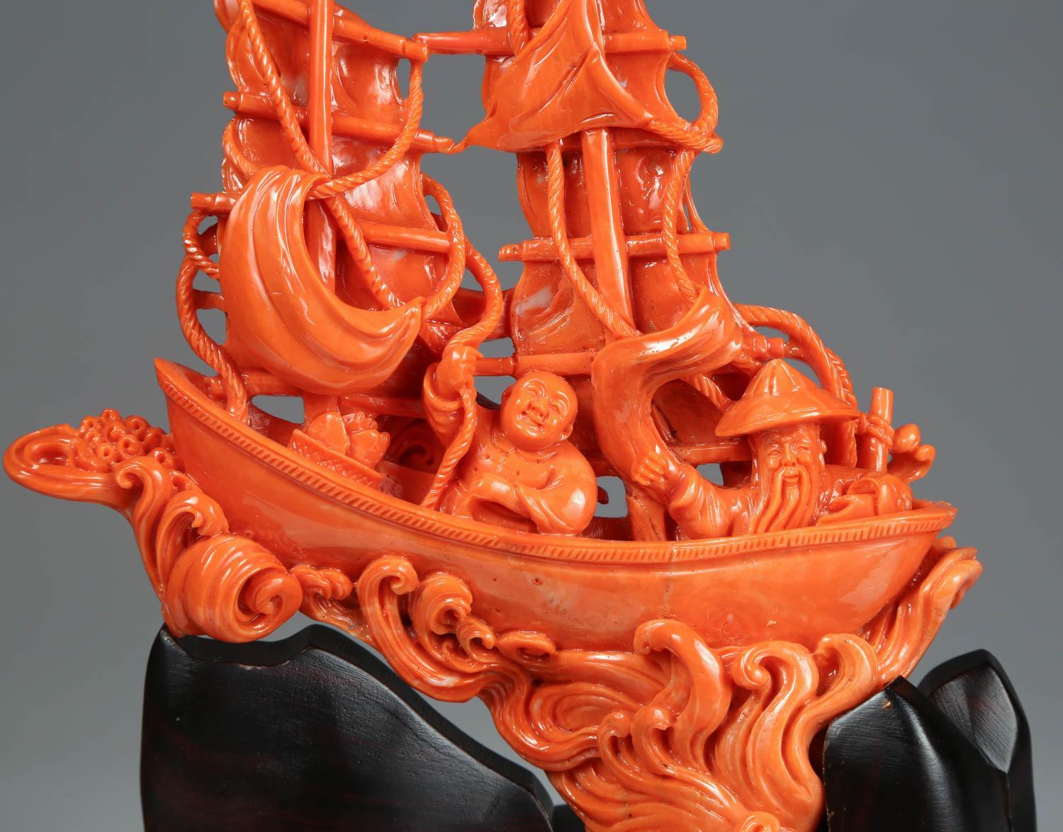 20th Century Exceptional Chinese Carved Coral Boat with Sailors