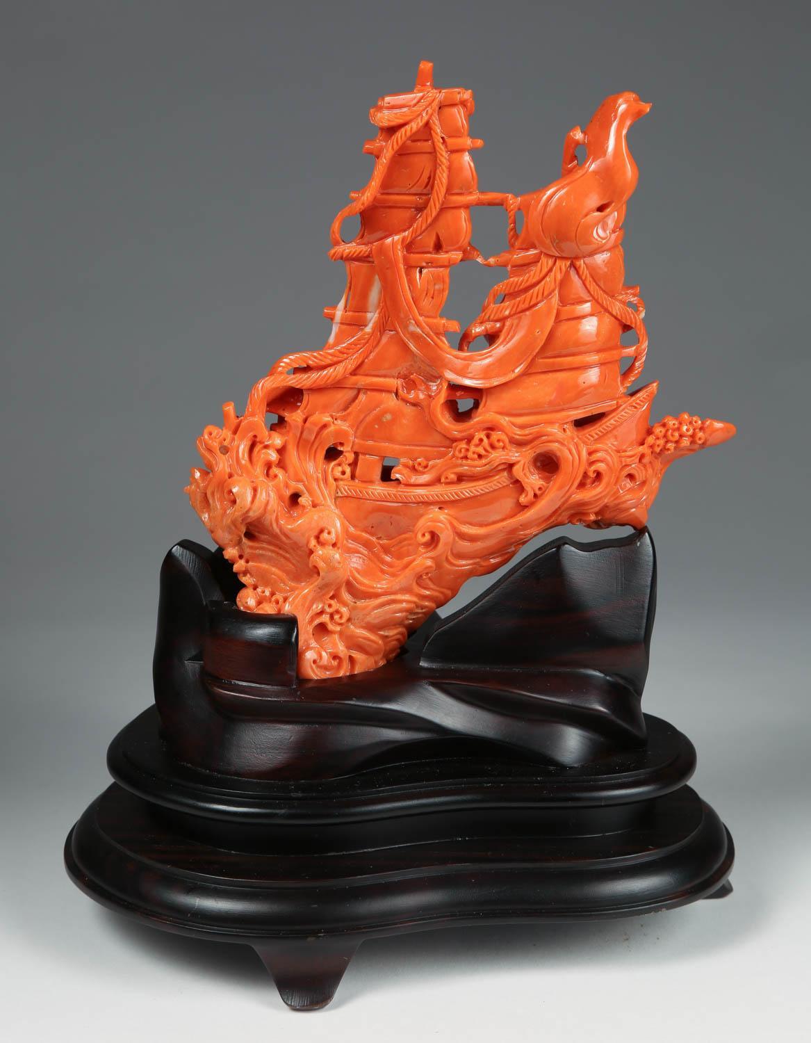 Exceptional Chinese Carved Coral Boat with Sailors 2