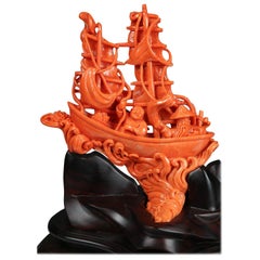 Exceptional Chinese Carved Coral Boat with Sailors