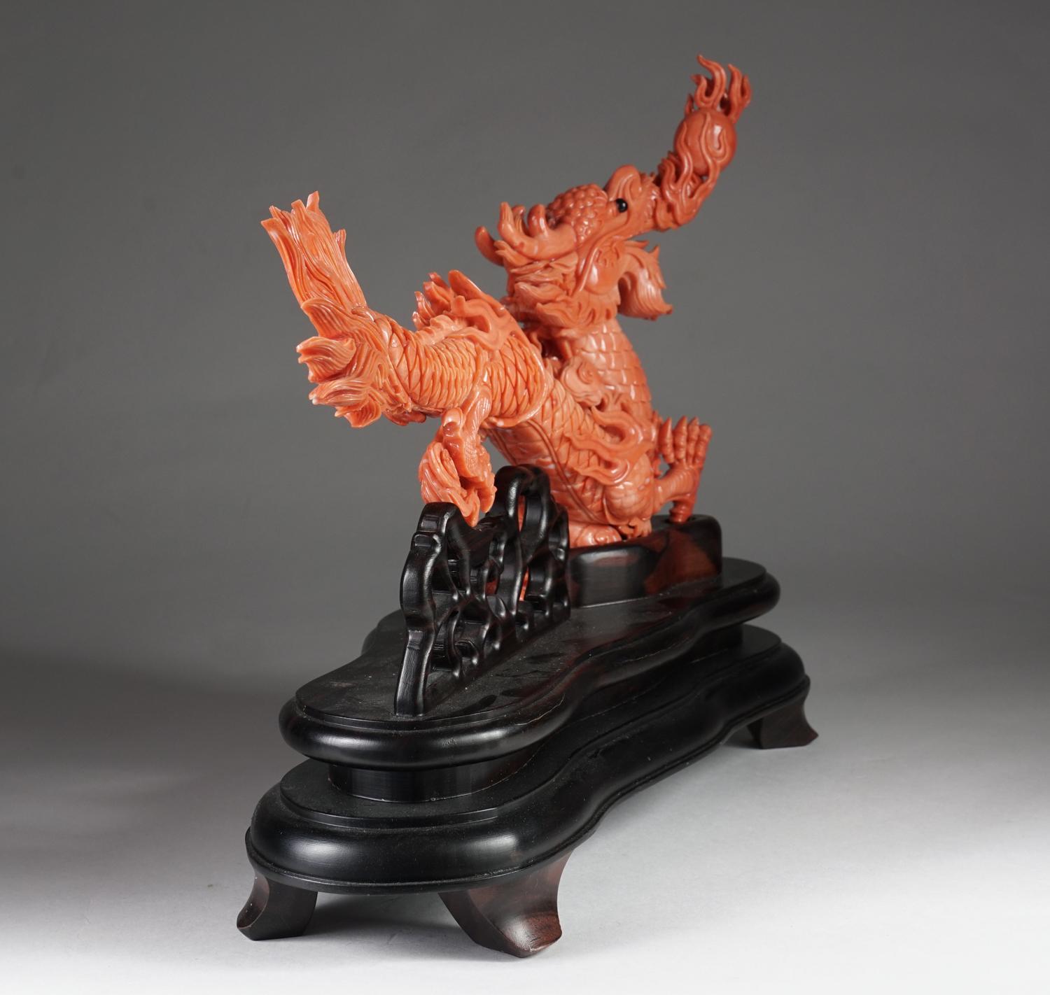 19th Century Exceptional Chinese Carved Coral Dragon with Fire, Qing Dynasty