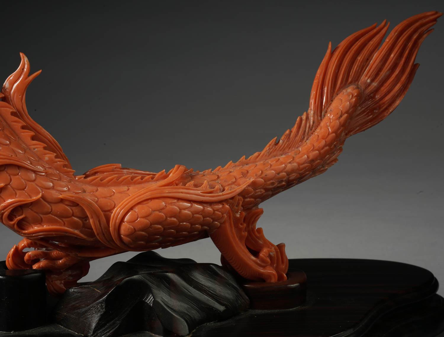 19th Century Exceptional Chinese Carved Coral Dragon with Fire, Qing Dynasty