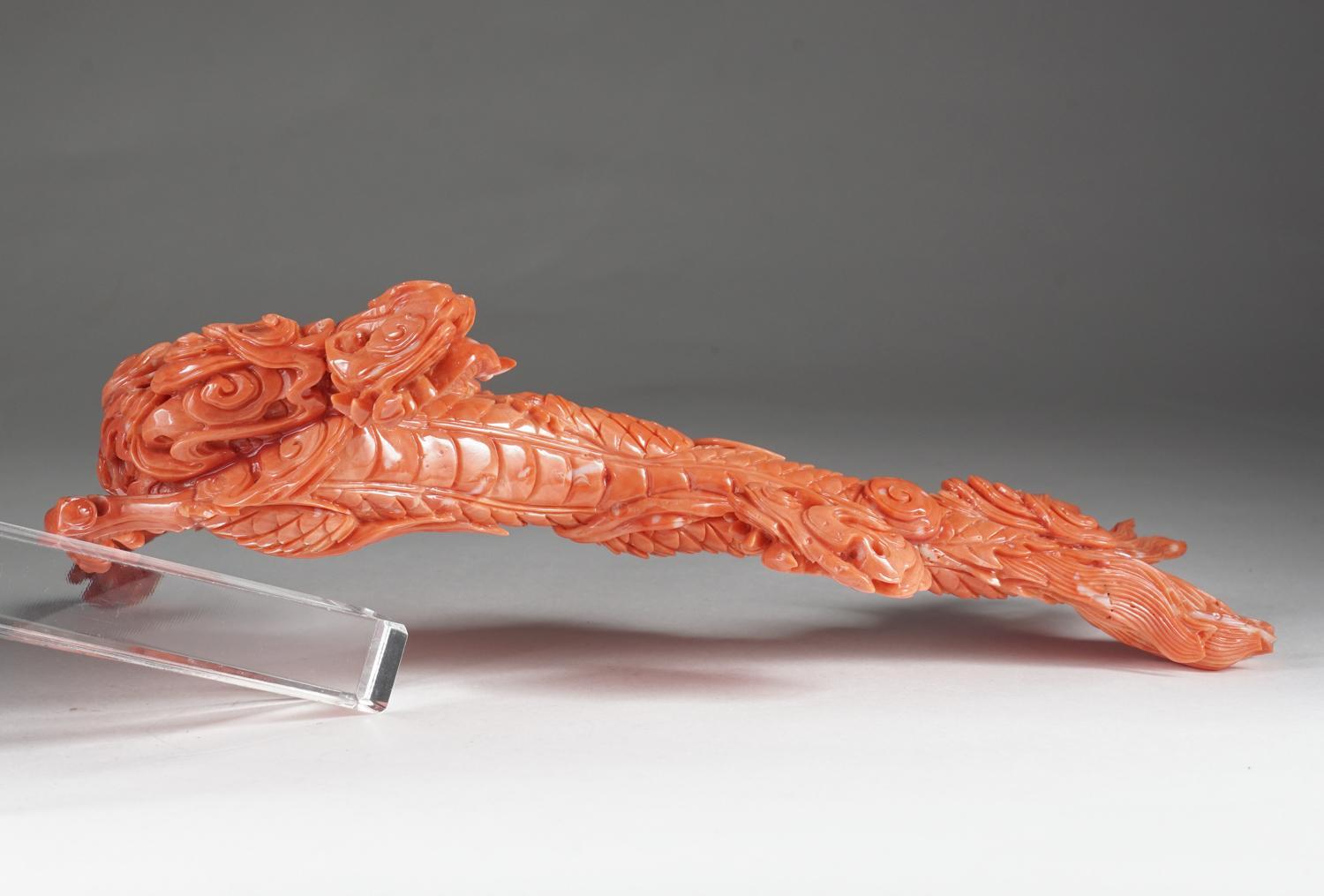 Exceptional Chinese Carved Coral Dragon with Fire, Qing Dynasty 1