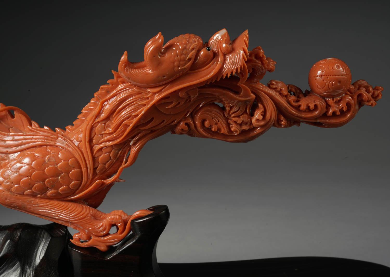 Exceptional Chinese Carved Coral Dragon with Fire, Qing Dynasty 2
