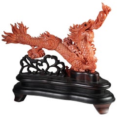 Exceptional Chinese Carved Coral Dragon with Fire, Qing Dynasty