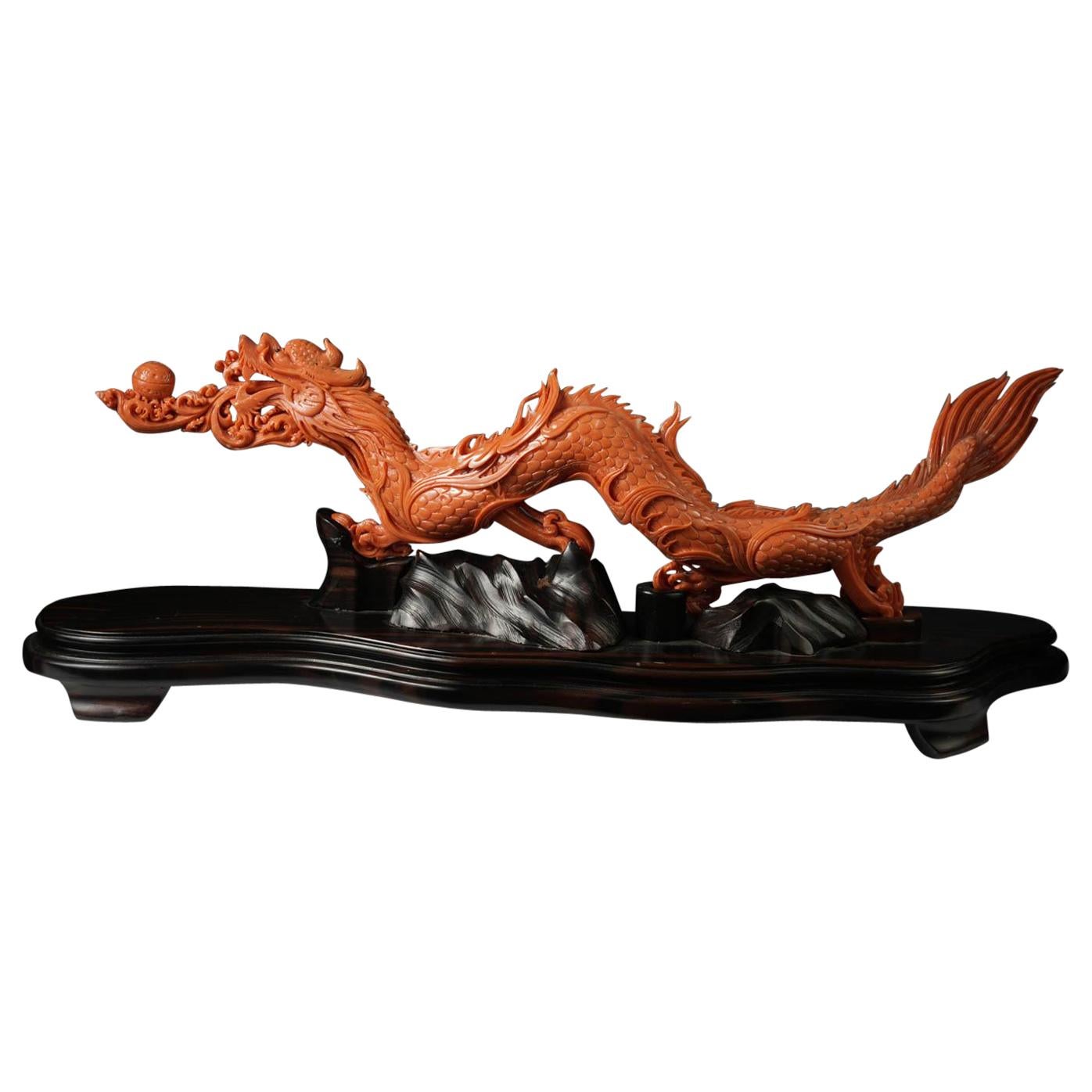 Exceptional Chinese Carved Coral Dragon with Fire, Qing Dynasty