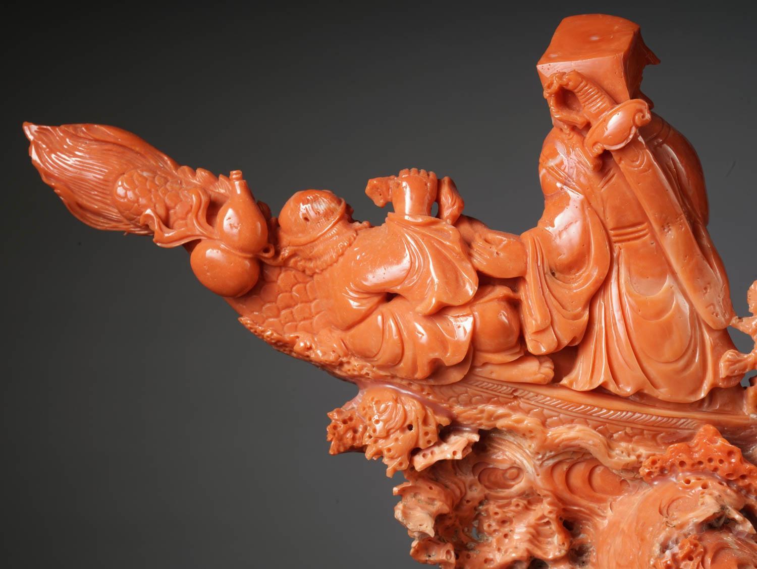 Exceptional Chinese Carved Coral Figural Group of a Boat with Eight Immortals For Sale 6