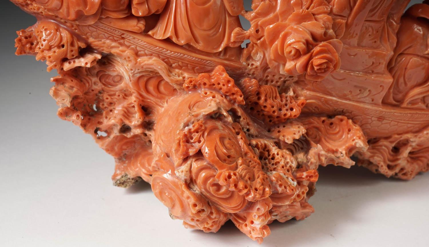 Exceptional Chinese Carved Coral Figural Group of a Boat with Eight Immortals For Sale 9