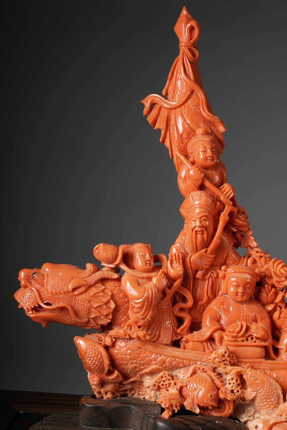 Exceptional Chinese Carved Coral Figural Group of a Boat with Eight Immortals In Excellent Condition For Sale In New York, NY