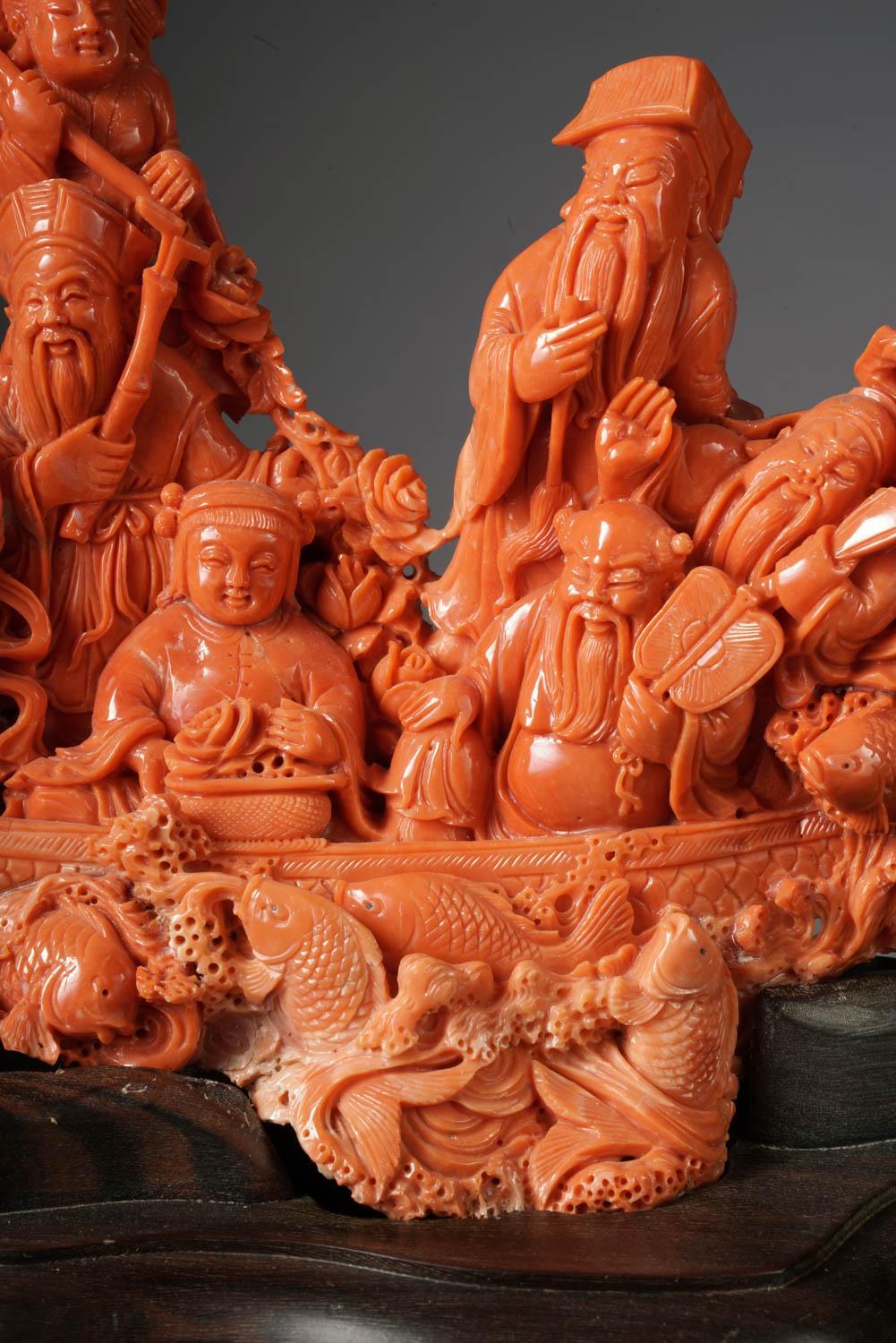 20th Century Exceptional Chinese Carved Coral Figural Group of a Boat with Eight Immortals For Sale