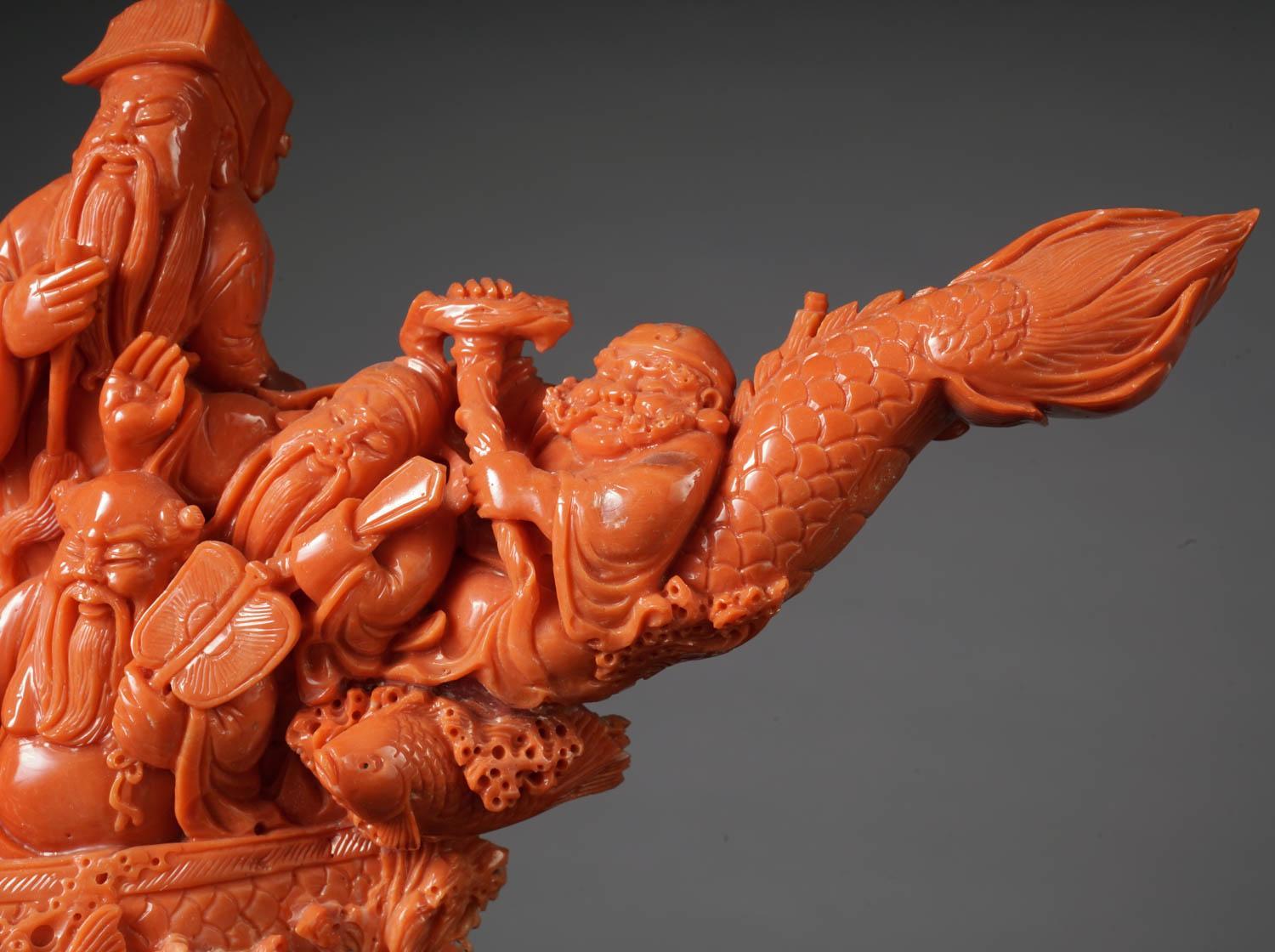 Exceptional Chinese Carved Coral Figural Group of a Boat with Eight Immortals For Sale 1
