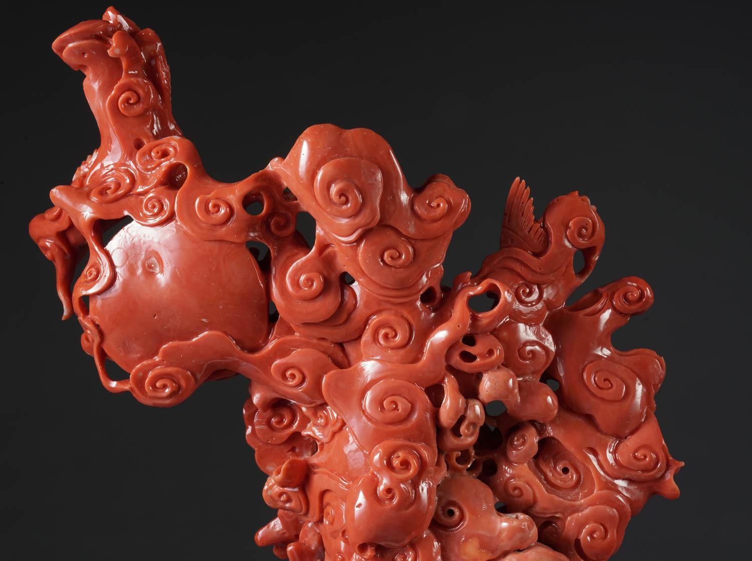 Exceptional Chinese Carved Coral Figural Group of a Guanyin Kwan Yin Phoenix For Sale 6