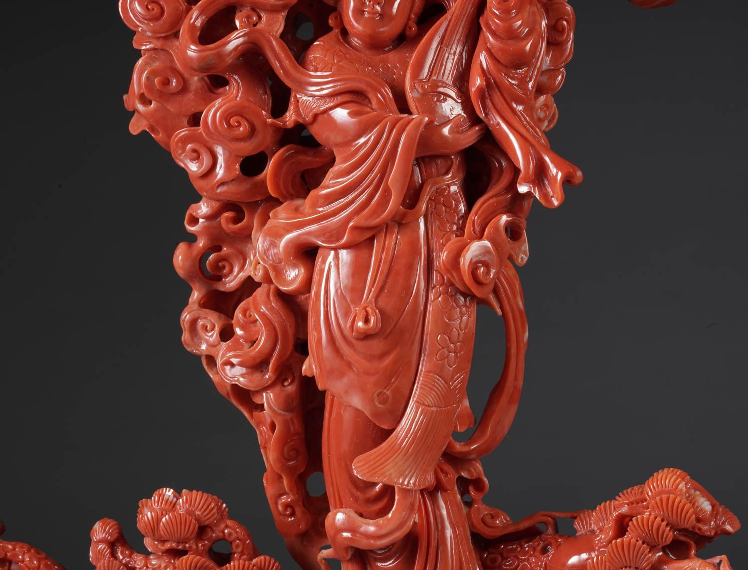 20th Century Exceptional Chinese Carved Coral Figural Group of a Guanyin Kwan Yin Phoenix For Sale