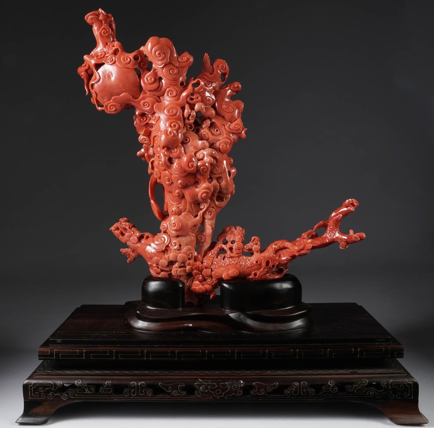 Exceptional Chinese Carved Coral Figural Group of a Guanyin Kwan Yin Phoenix For Sale 4