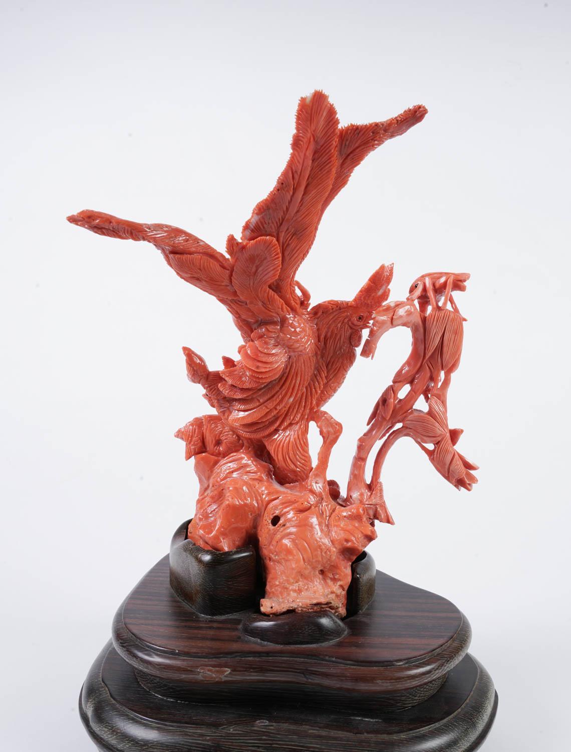 Exceptional Chinese Carved Coral Figural Group of a Rooster with Hens In Good Condition In New York, NY