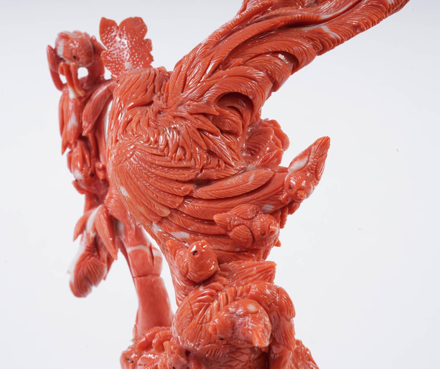 Exceptional Chinese Carved Coral Figural Group of a Rooster with Hens 5