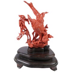 Exceptional Chinese Carved Coral Figural Group of a Rooster with Hens