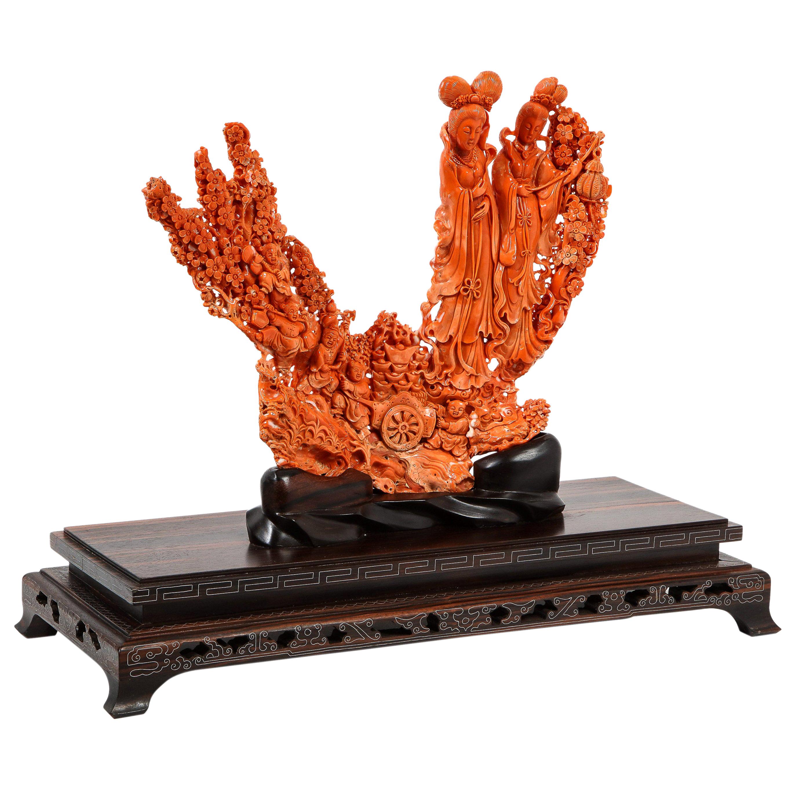 Exceptional Chinese Carved Coral Figural Group of Female Immortals