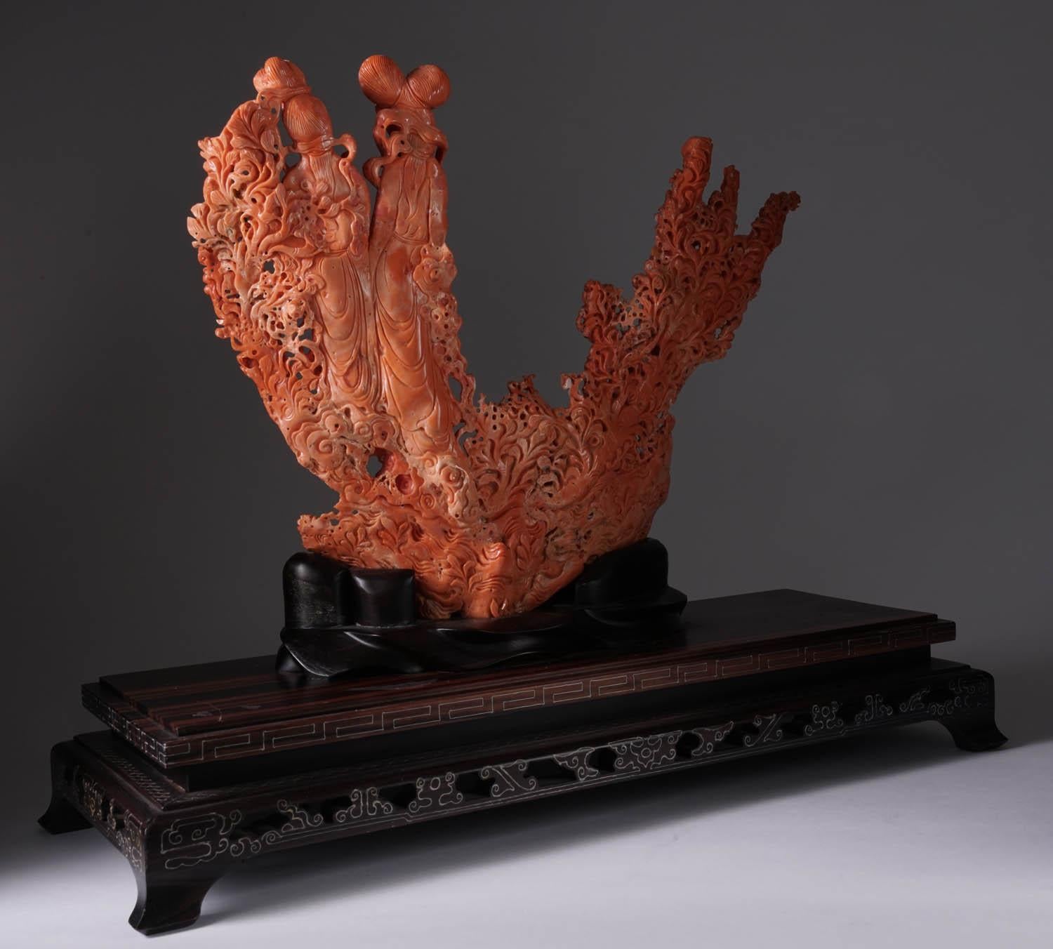 Exceptional Chinese Carved Coral Figural Group of Female Immortals, Qing Dynasty In Excellent Condition In New York, NY