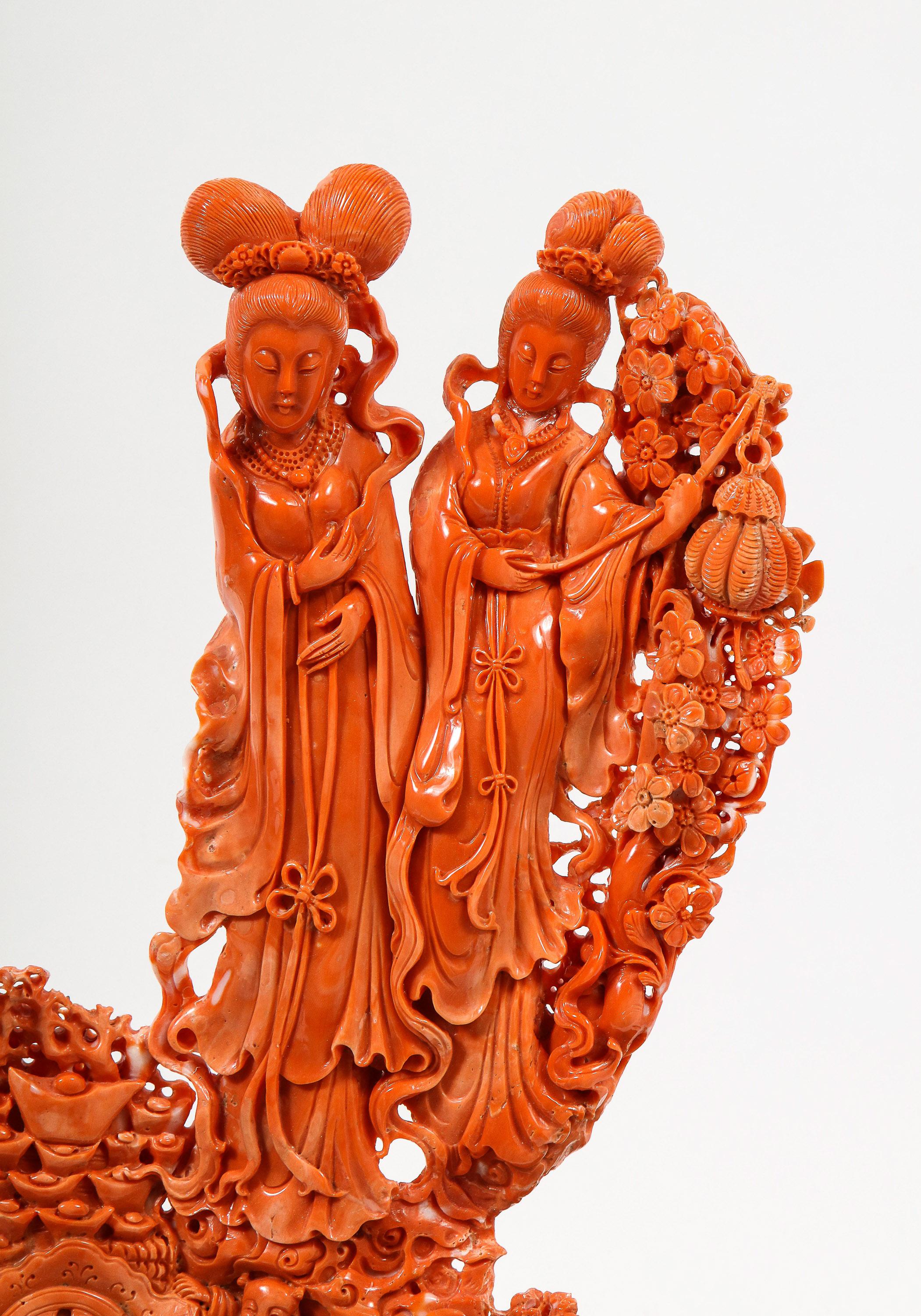 20th Century Exceptional Chinese Carved Coral Figural Group of Female Immortals