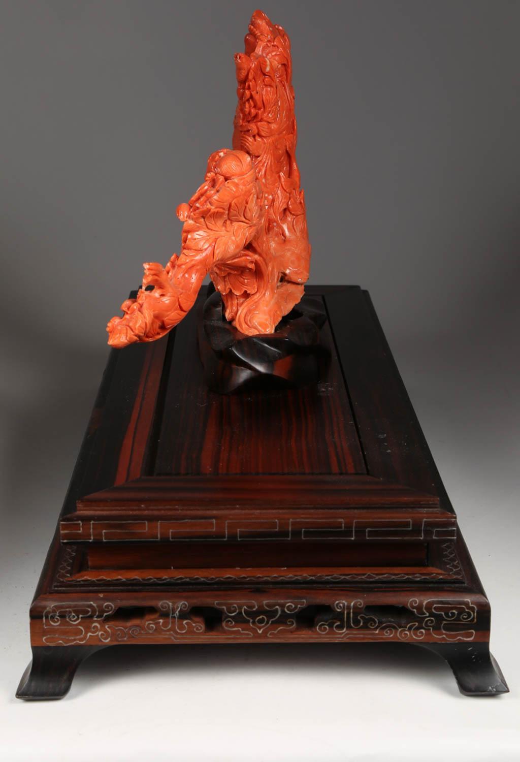 Exceptional Chinese Carved Coral Figural Group of Ladies with Flowers & Bird 3