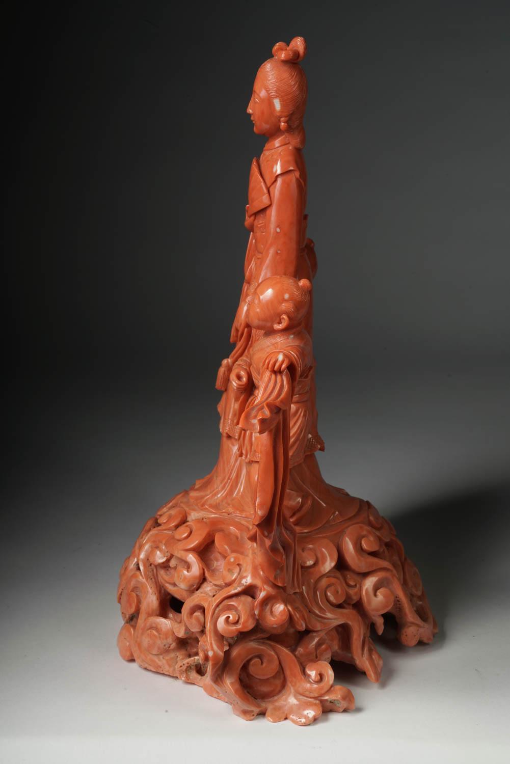 19th Century Exceptional Chinese Carved Coral Figural Group of Mother and Boys, Qing Dynasty