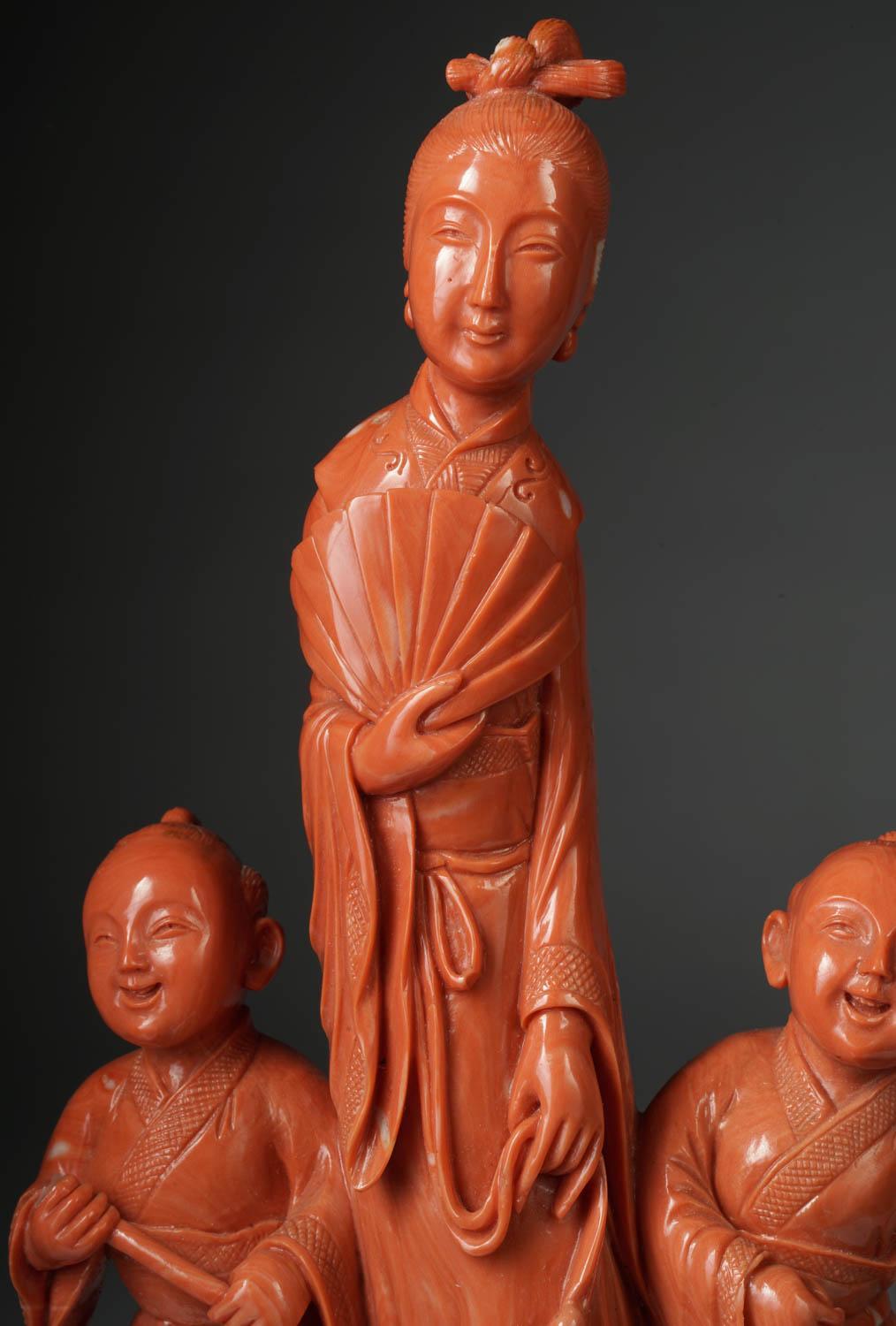 Exceptional Chinese Carved Coral Figural Group of Mother and Boys, Qing Dynasty 1