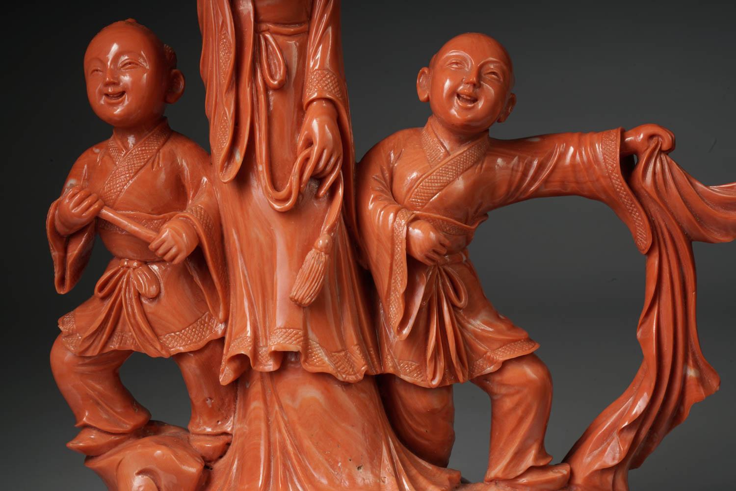 Exceptional Chinese Carved Coral Figural Group of Mother and Boys, Qing Dynasty 2