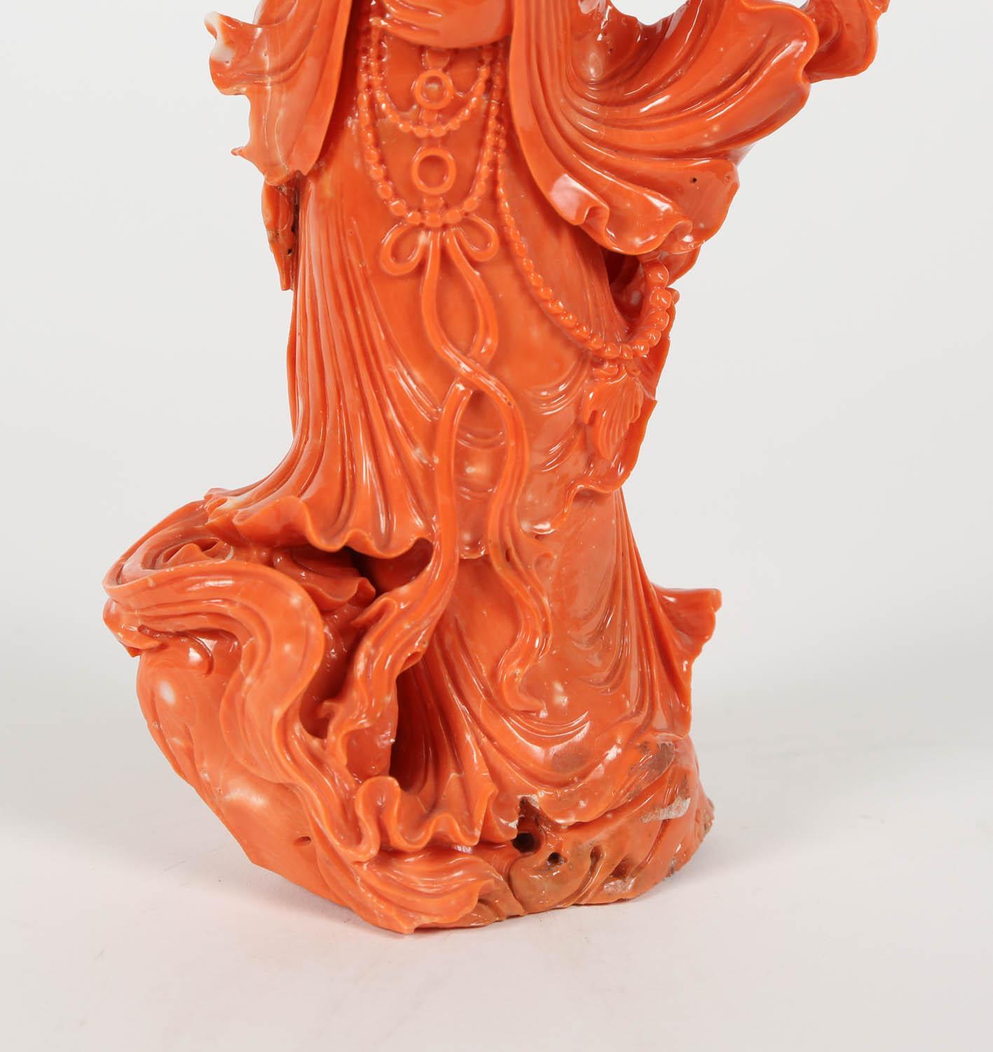 Exceptional Chinese carved coral figure figurine of a Guanyin 