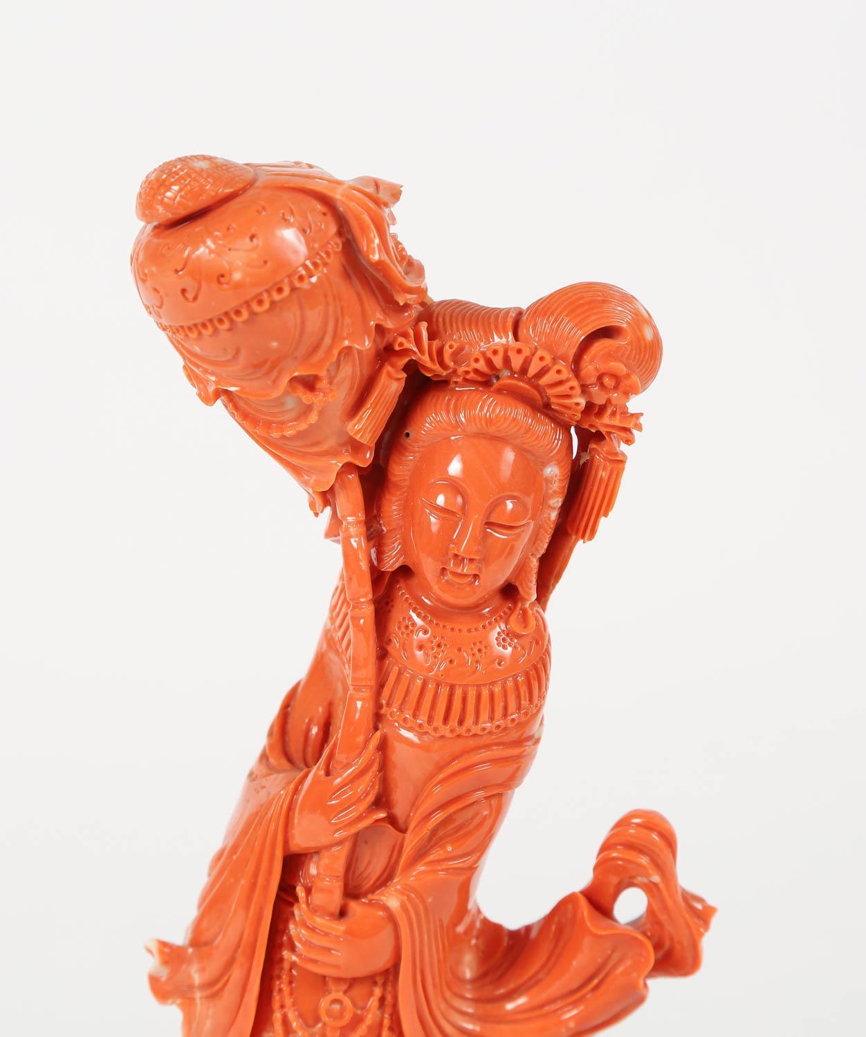 Chinese Export Exceptional Chinese Carved Coral Figure of a Guanyin 