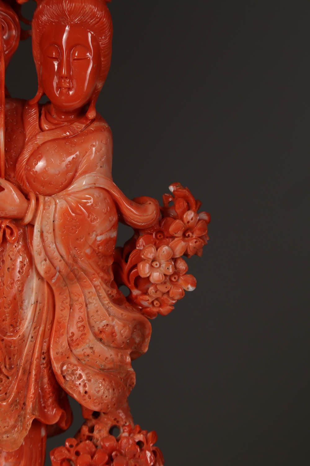 Exceptional Chinese Carved Coral Figure of a Guanyin with Deer For Sale 1