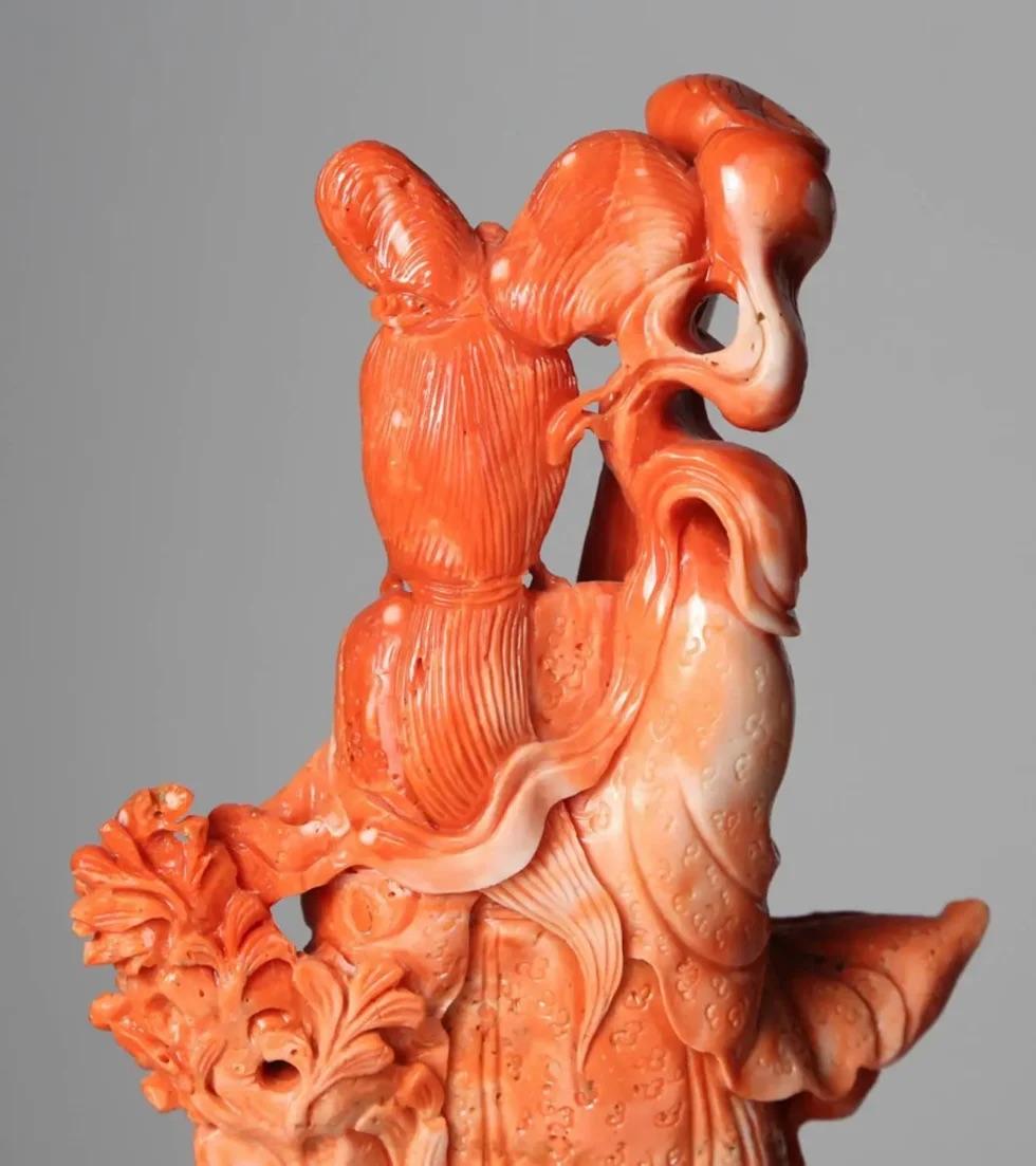 Exceptional Chinese Carved Coral Figure of a Guanyin with Deer 3