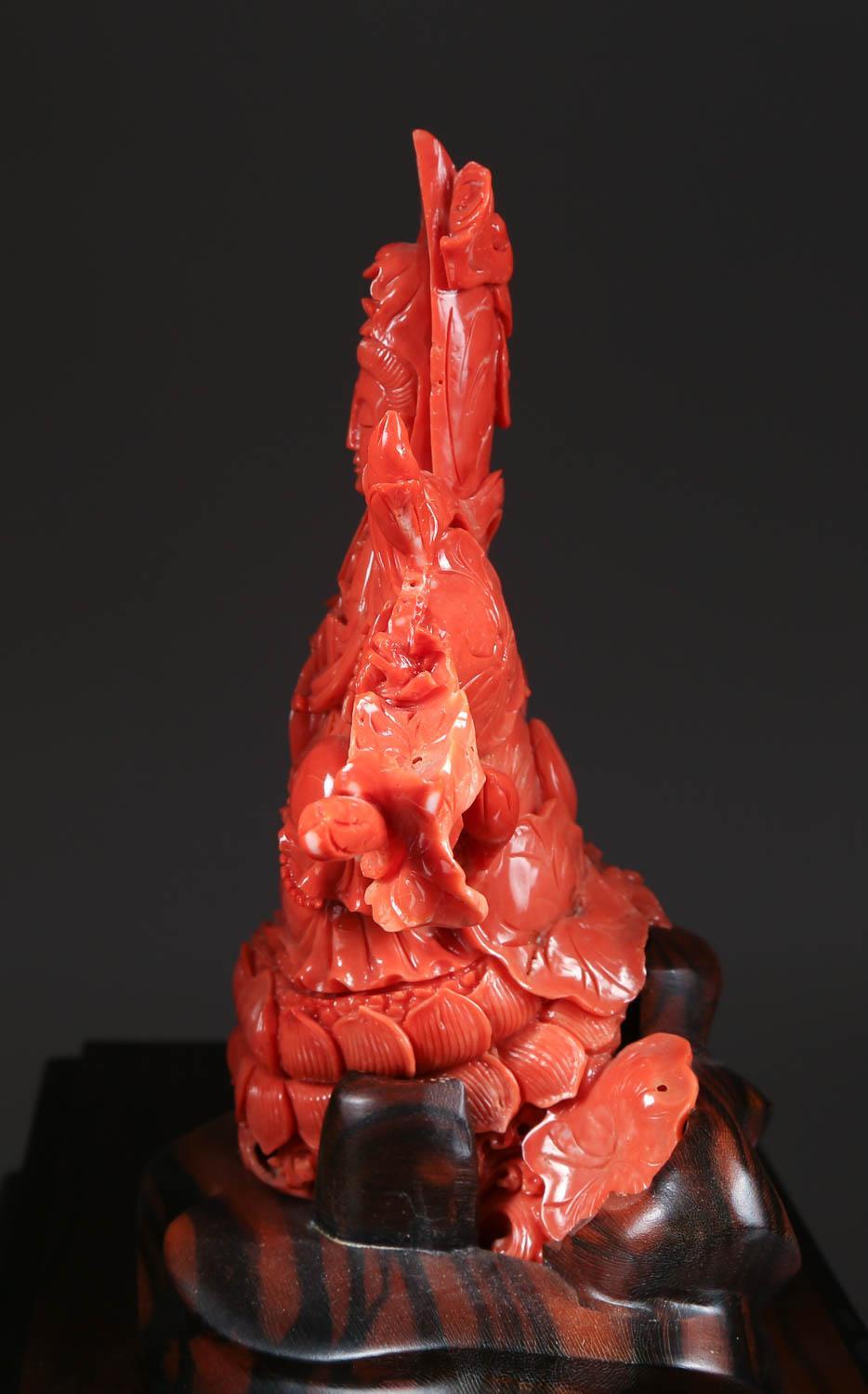 20th Century Exceptional Chinese Carved Coral Figure of a Seated Guanyin