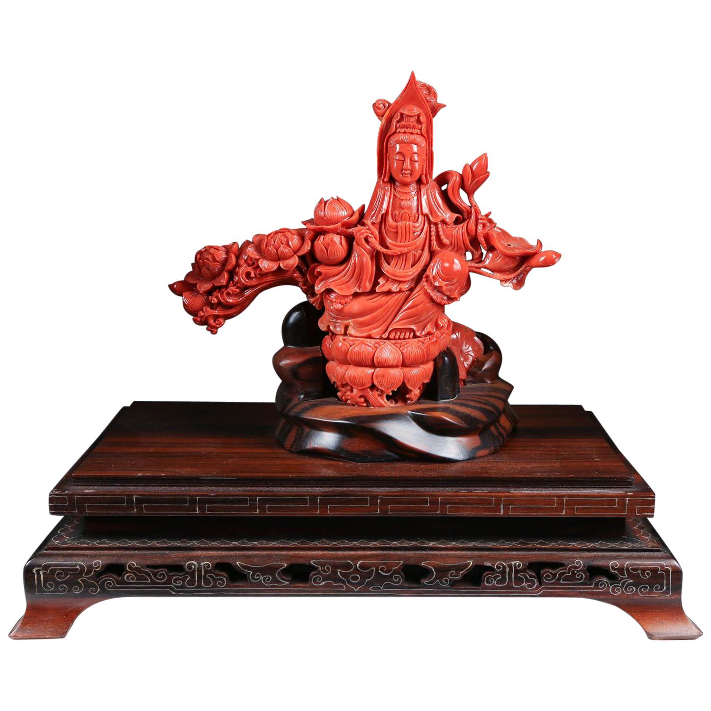 Exceptional Chinese Carved Coral Figure of a Seated Guanyin