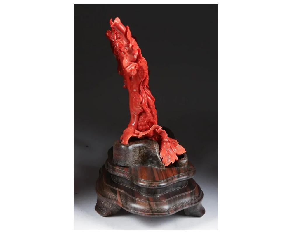 20th Century Exceptional Chinese Carved Coral Tree Branch with Monkeys and Squirrels, Qing