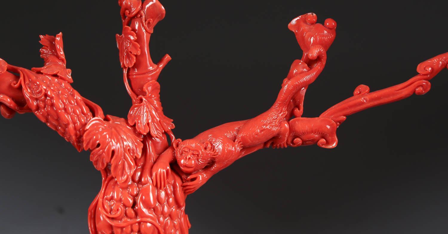 Exceptional Chinese Carved Coral Tree Branch with Monkeys and Squirrels, Qing 1