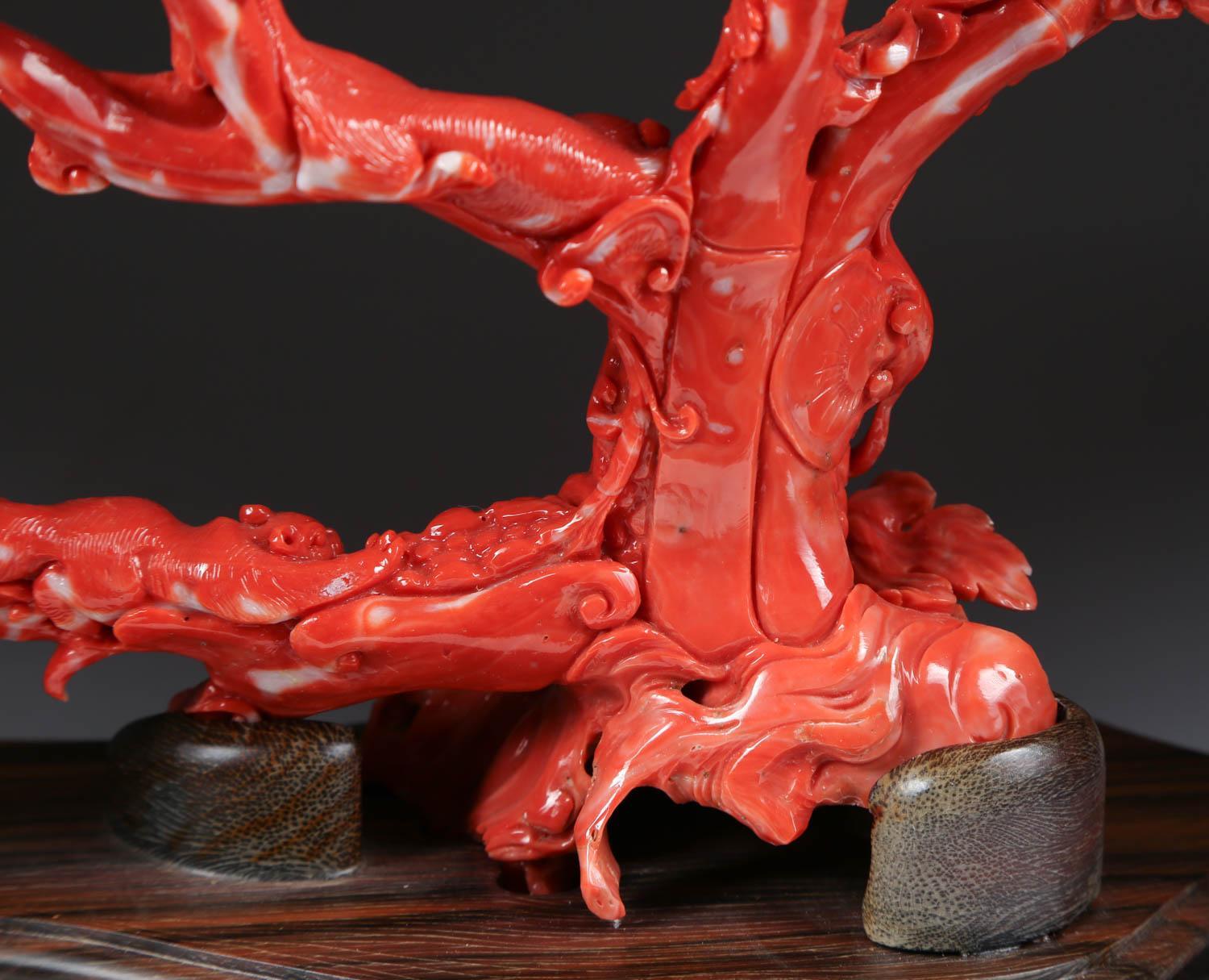 Exceptional Chinese Carved Coral Tree Branch with Monkeys and Squirrels, Qing 5