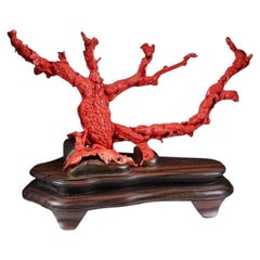 Vintage Exceptional Chinese Carved Coral Tree Branch with Monkeys and Squirrels, Qing