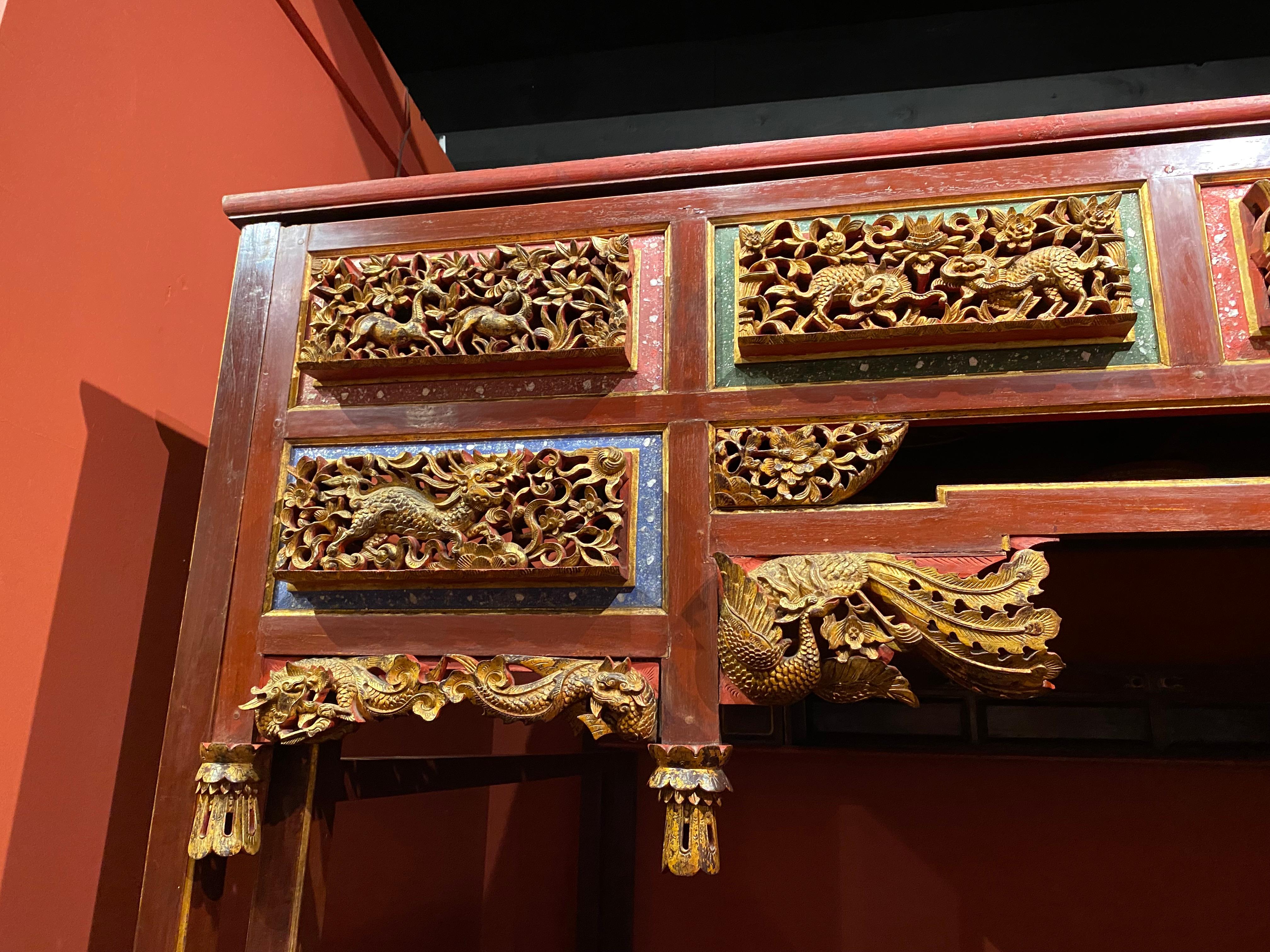 Exceptional Chinese Carved Polychrome Elmwood Canopy Wedding Bed 1