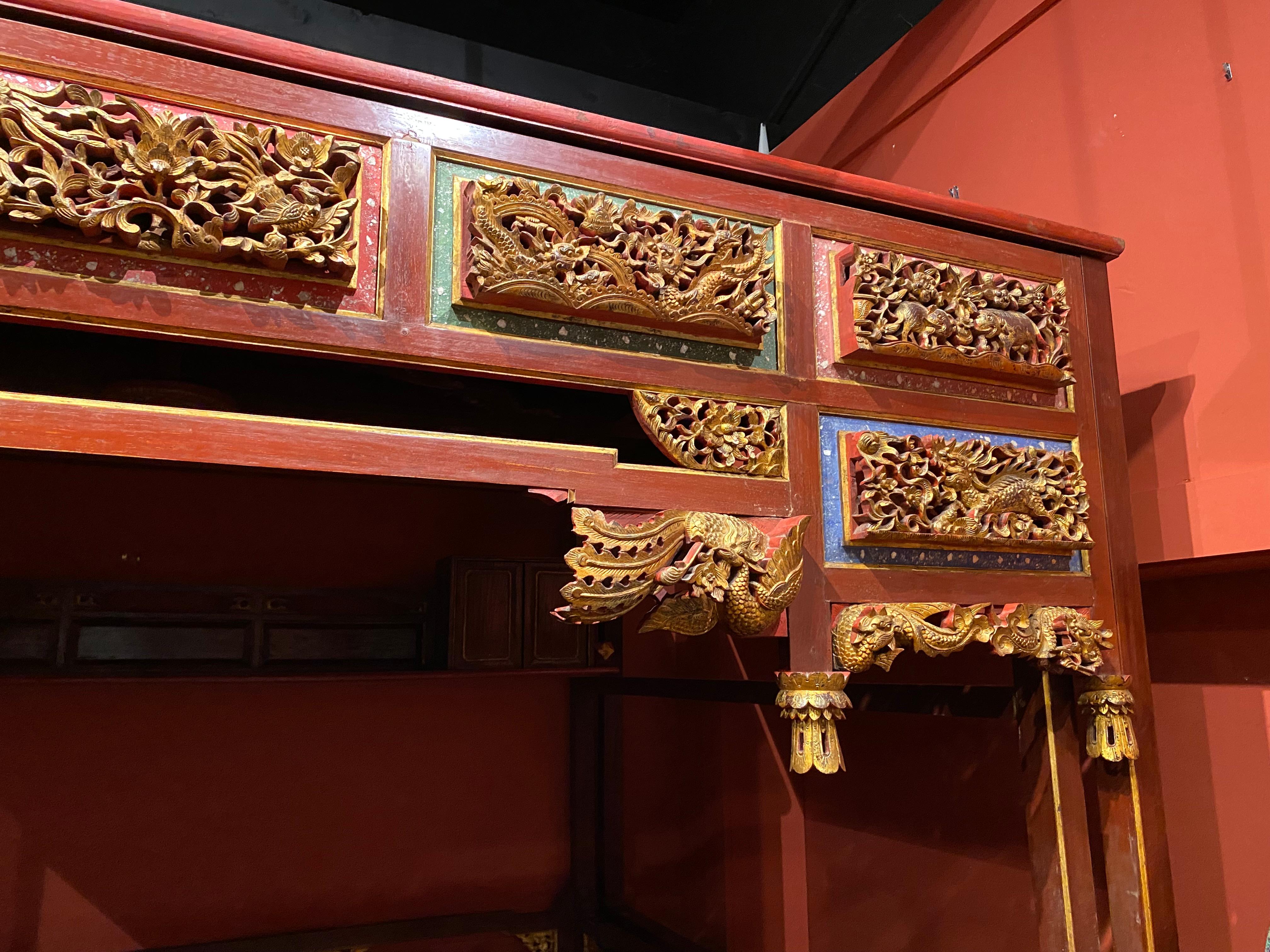 Exceptional Chinese Carved Polychrome Elmwood Canopy Wedding Bed 3