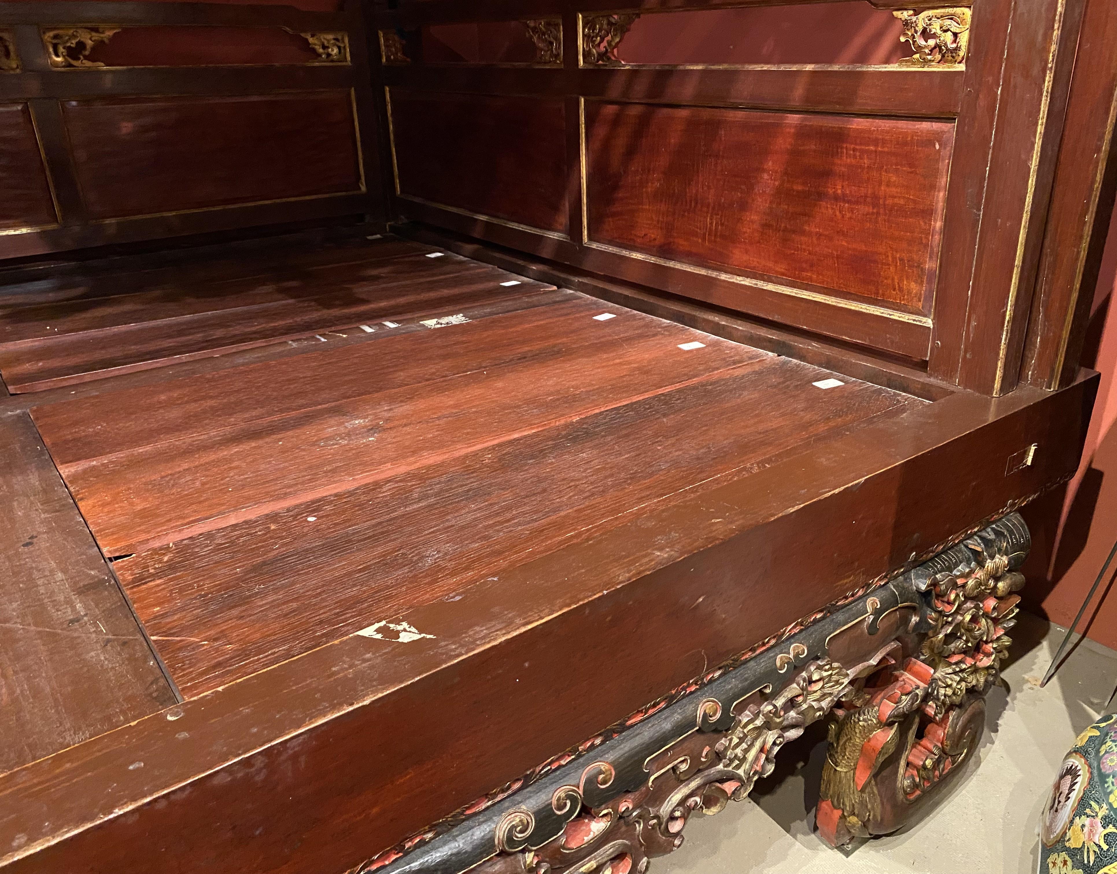 19th Century Exceptional Chinese Carved Polychrome Elmwood Canopy Wedding Bed