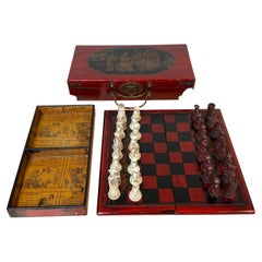 Exceptional Chinese Lacquered Travel Chess Set Lacquered Board & Court Figures