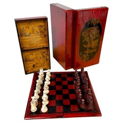 Exceptional Chinese Lacquered Travel Chess Set Lacquered Board & Court Figures