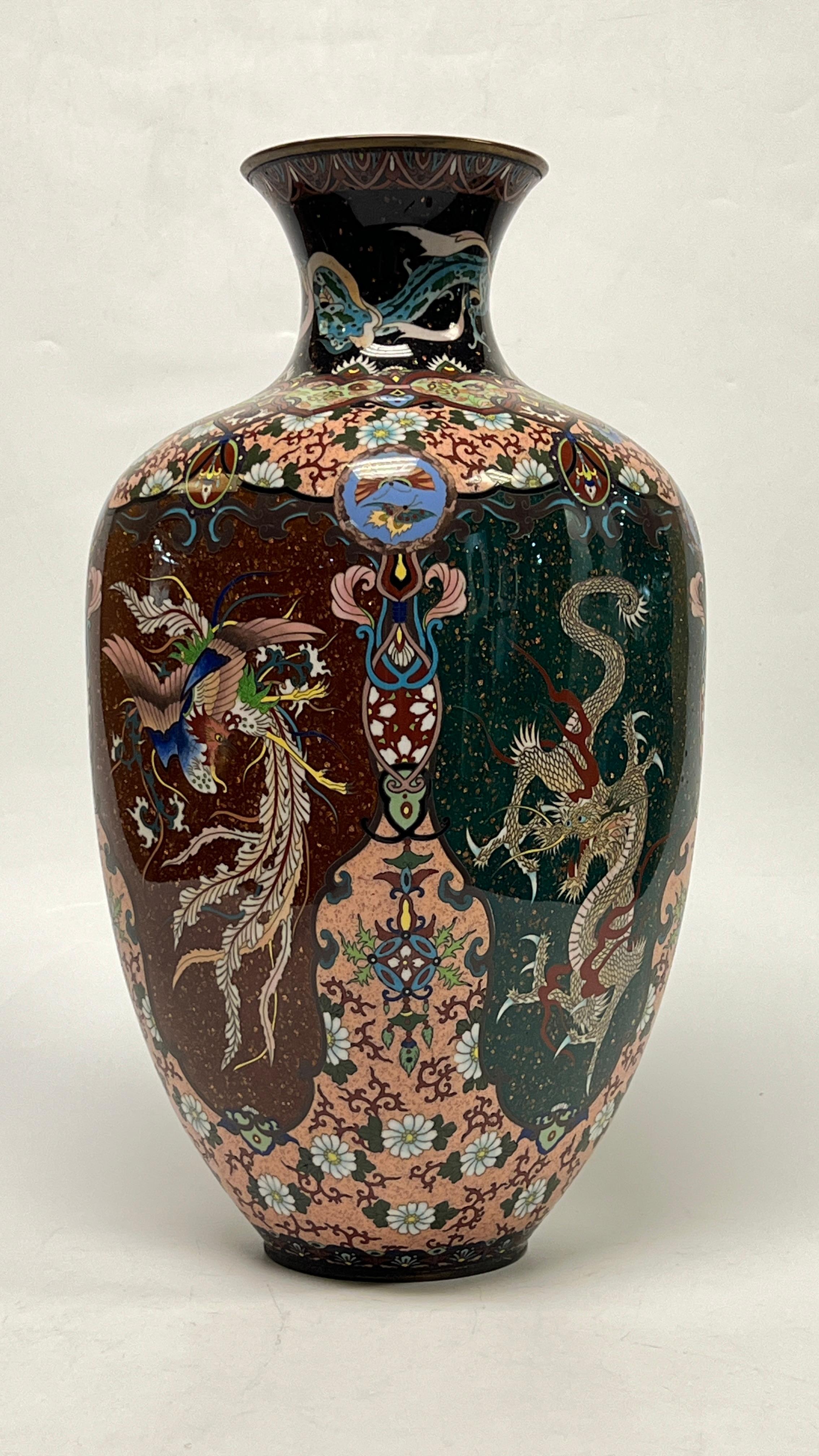 Asian Exceptional Chinese or Japanese Cloisonne Vase Depicting Dragons