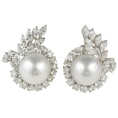 Exceptional circa 1950 6.50 Carat Diamond South Sea Pearl Earrings