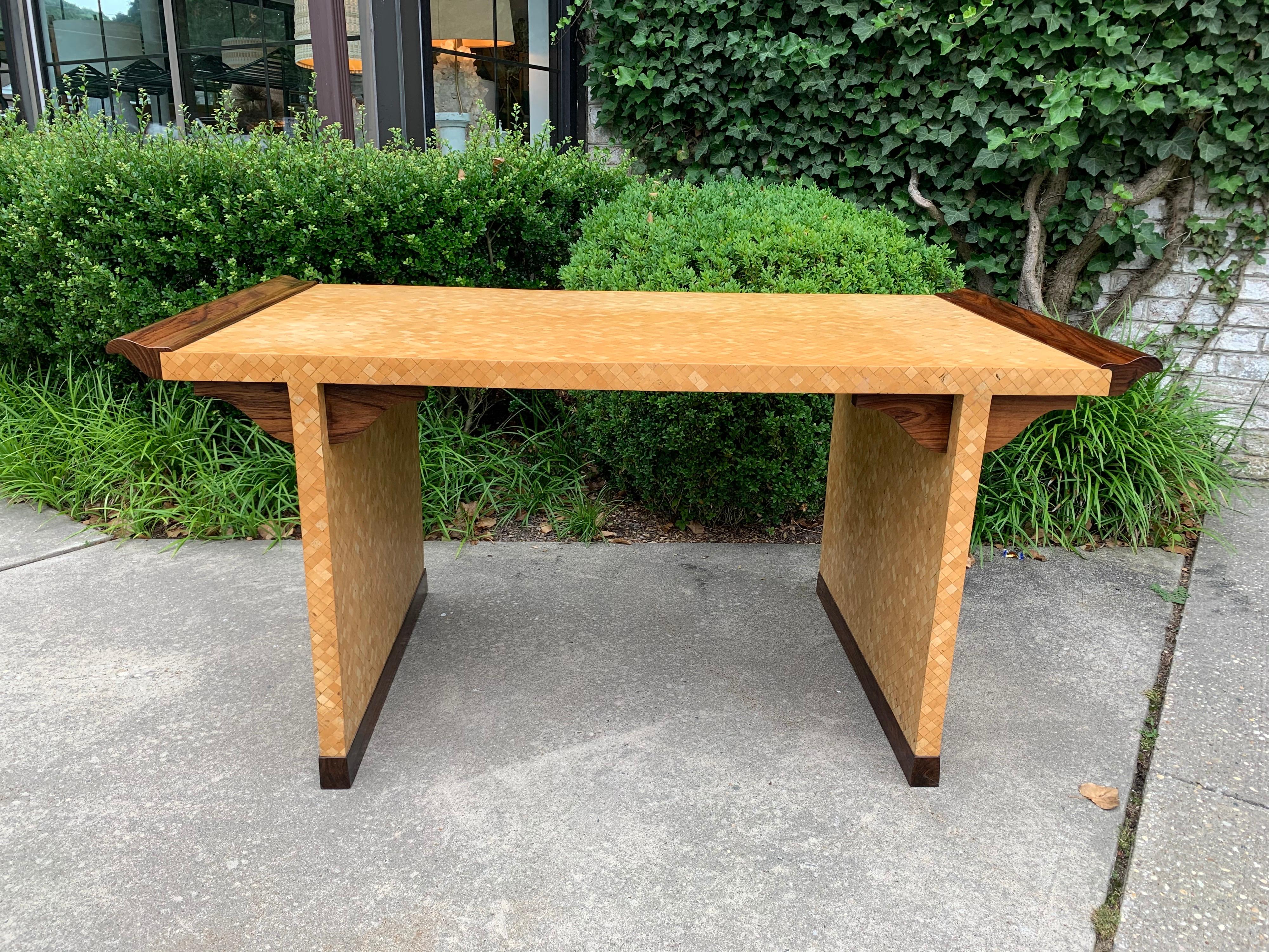 Exceptional Coconut Tiled Veneer Writing Desk with Ebony Wood Accents For Sale 3