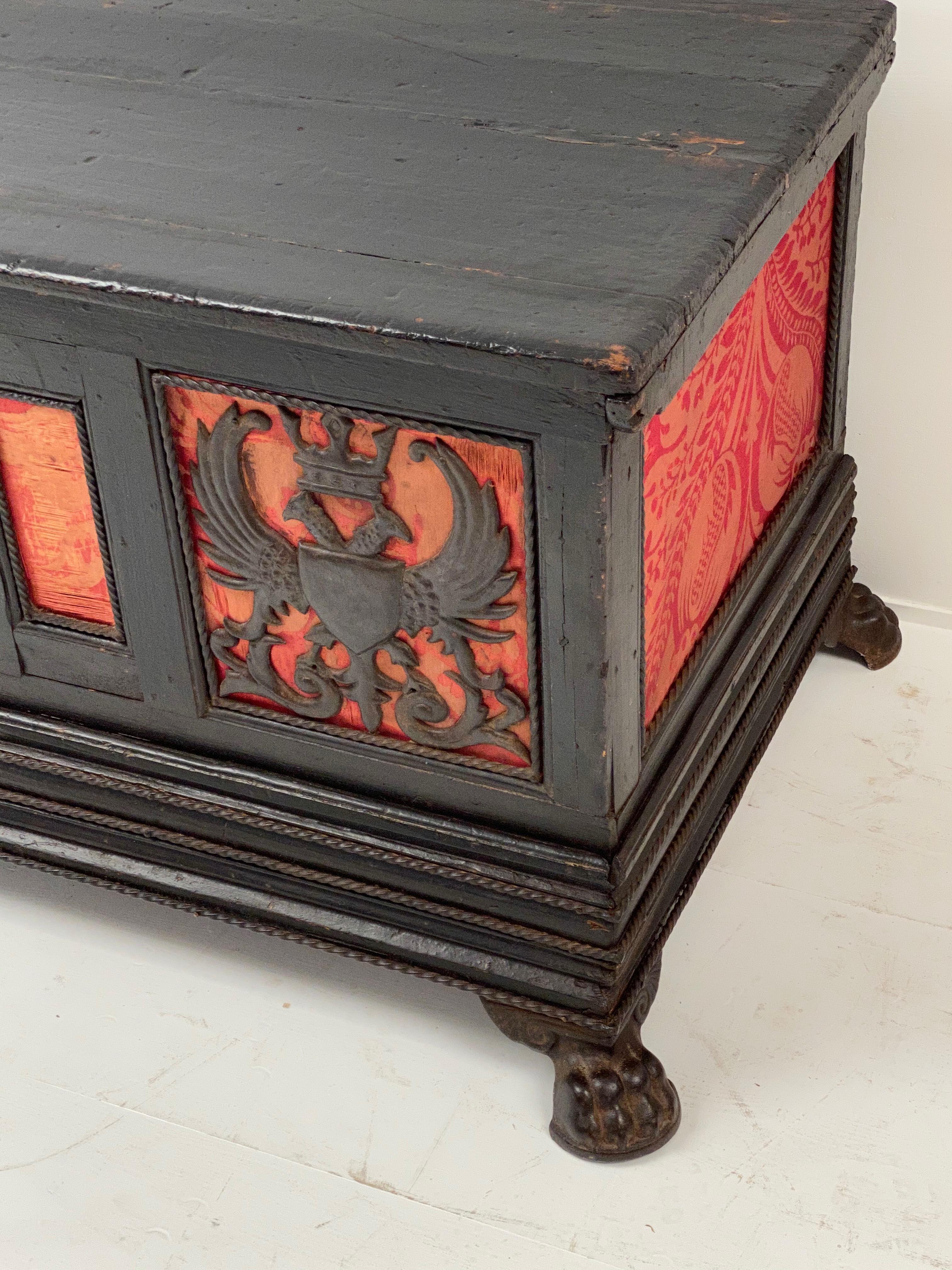 Fruitwood Exceptional Coffer in Wood and Combined with Textiles For Sale
