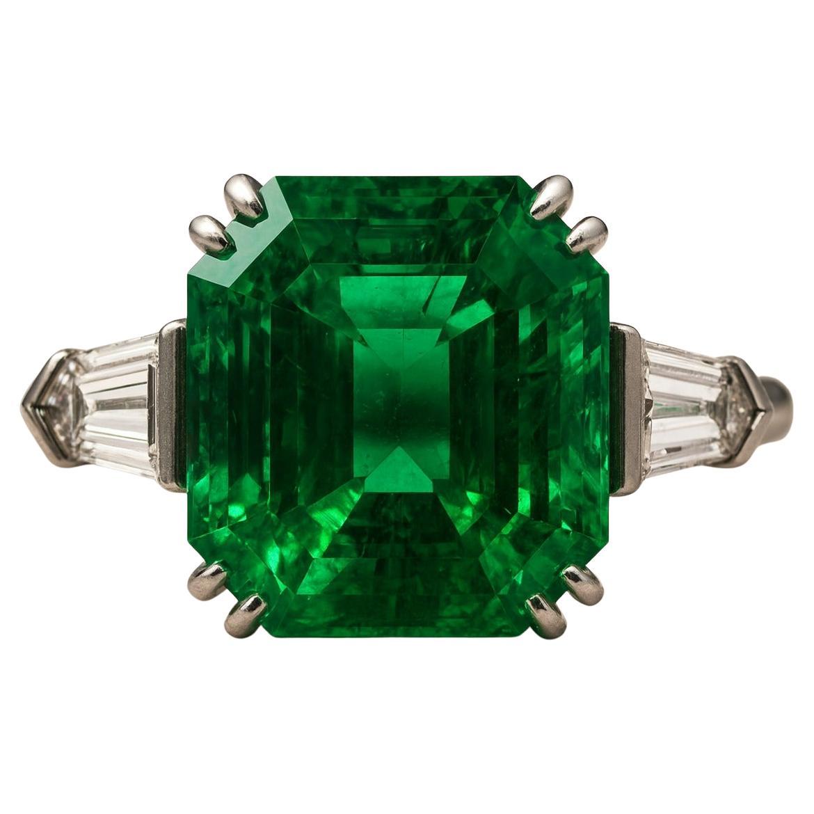 Exceptional Colombian Emerald Ring with Tapered Baguettes – Platinum For Sale