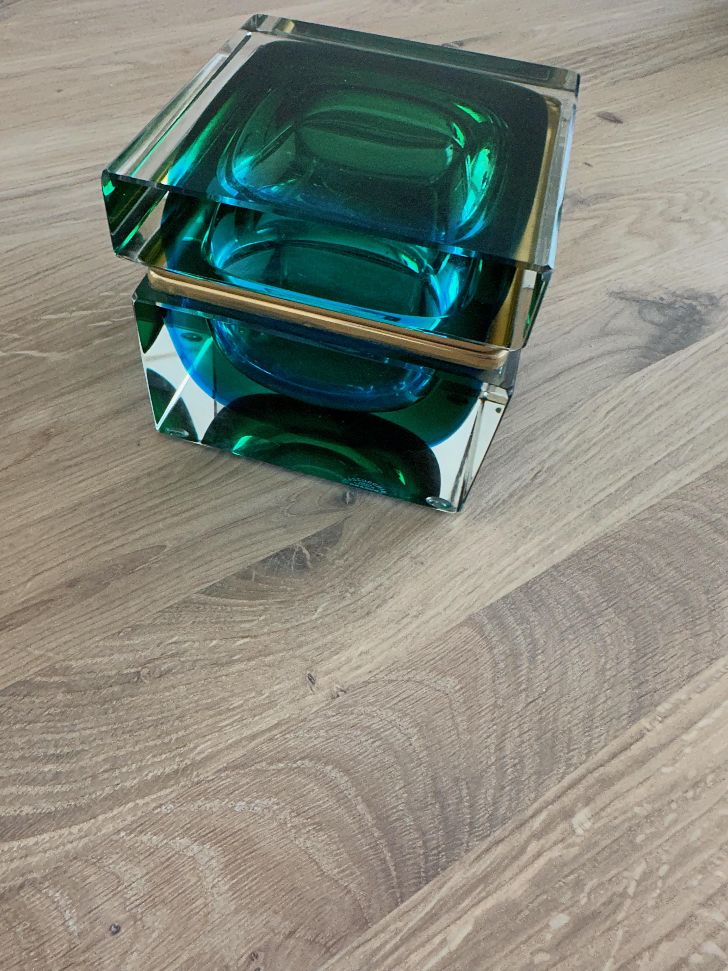 Brass Exceptional Color Murano Glass Art Box with Vase Design & Marked by Mandruzzato