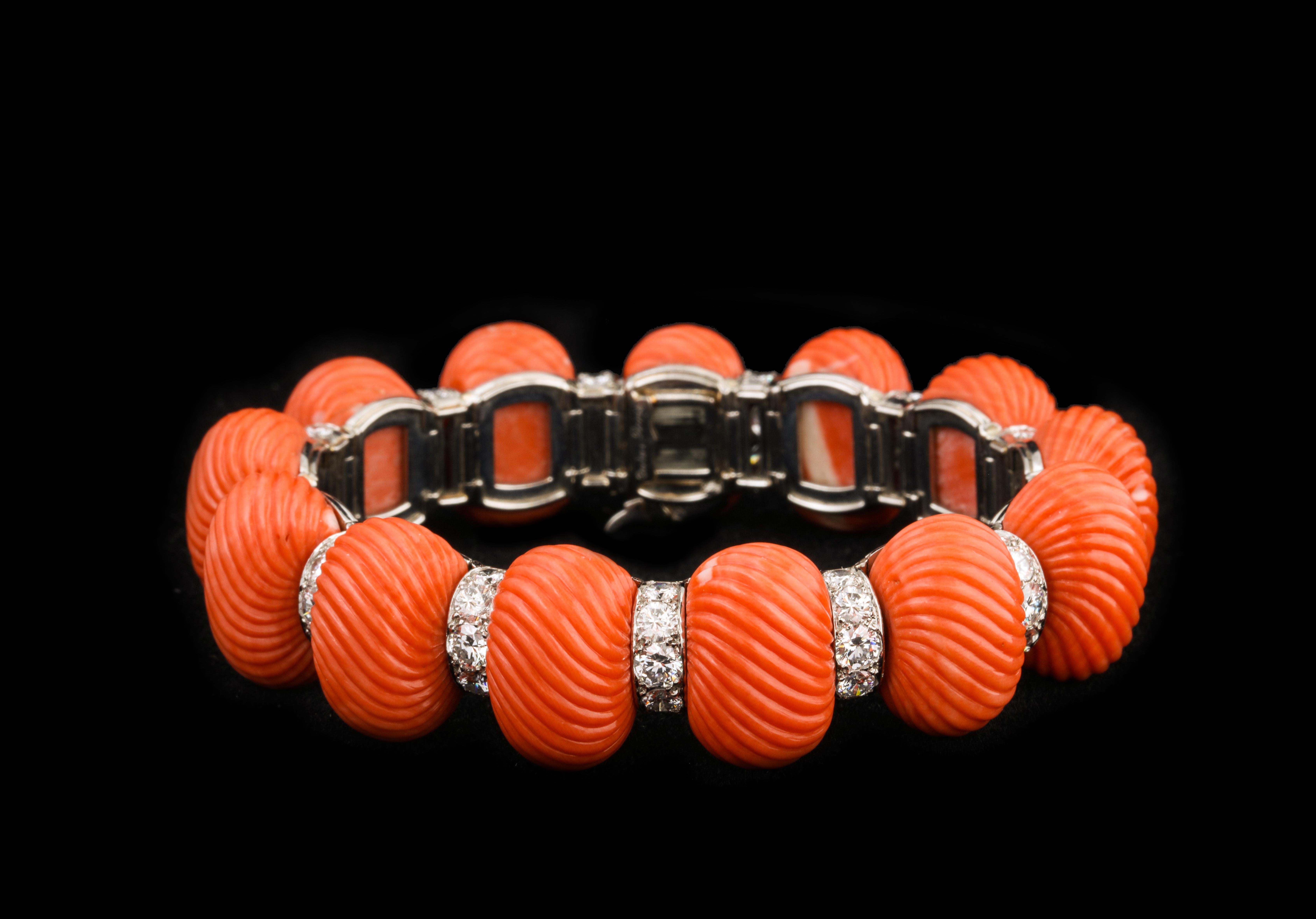 Round Cut Exceptional Coral and Diamond Bracelet by Cartier
