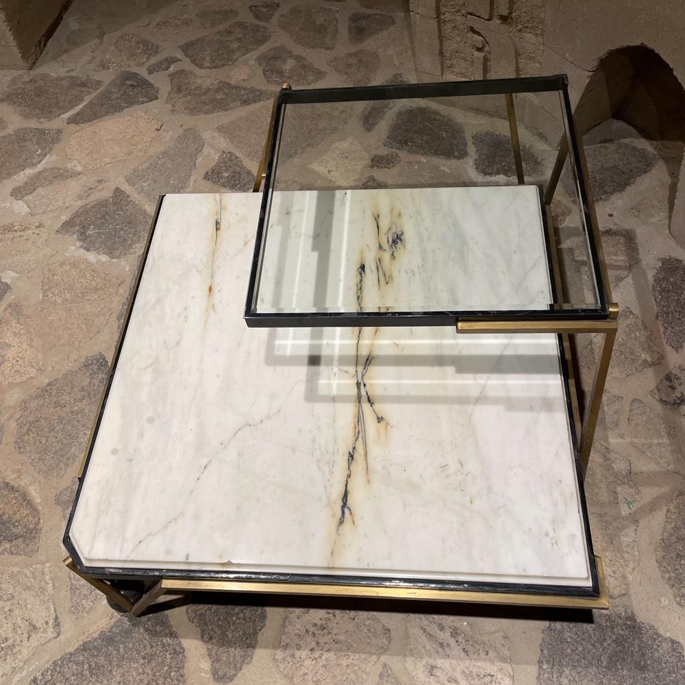 1950s Arturo Pani Mexico Corner Table in Marble Beveled Glass Bronze For Sale 5